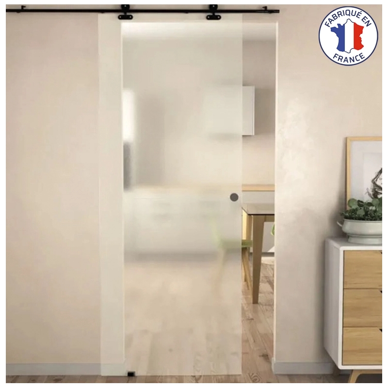 Kit porte coulissante verre givré 725mm avec rail coulissant