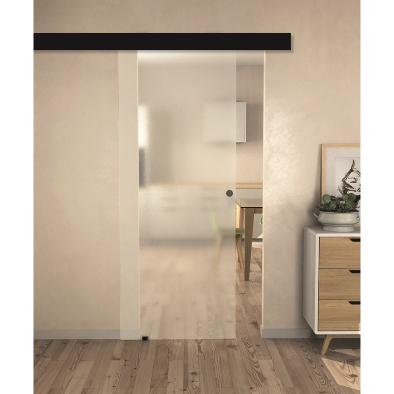 Kit porte coulissante verre givré 825mm avec rail et coffrage